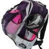a purple backpack with pink and white gear inside