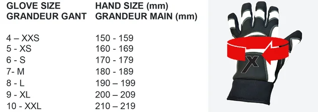 Short Track X-Gloves X Series With Velcro Cuff 2 glove size chart and measurements for the gloves