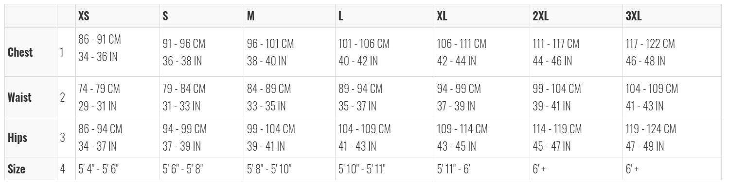 Sous-combinaison anti-coupure APOGEE 2 size chart